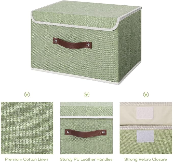 ANMINY Fabric Storage Box Bins with Lids, Green, 15"x10"x10", 4 Pack | Keepsake Memory Storage, Cotton Linen, PP Board Reinforced, Washable, PU Handles, Foldable & Stackable, Decorative, Large