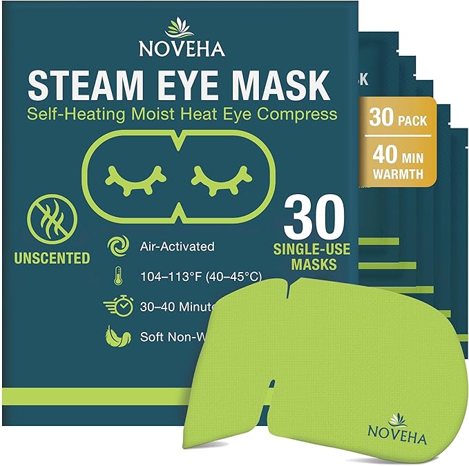 NOVEHA Self Heating Steam Eye Mask for Dry Eyes 30PCs Air-Activated Steam Eye Mask, Warm Compress for Ease Daily Strain, Eye Relaxation, Travel & Spa Use, Soothing Moist Heat for Tired & Stressed Eyes