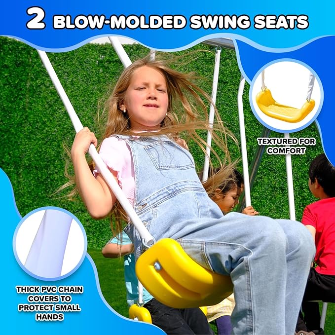 Sportspower 800lbs ‘Swing & Play’ Metal Swing Set for Backyard & Outdoors, 2 Swings & Standing Swing, 2-Person Glider, 2-Person Saucer, 5ft Slide, Bonus Anchors, 6-YR WRTY, 6.1' Tall