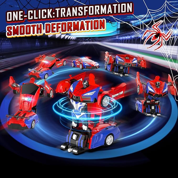 Remote Control Car for Boys 8-12 4-7, 2.4GHz RC Car 1:18 Scale, One-Button Transforming Toy with 360° Spins, LED Lights