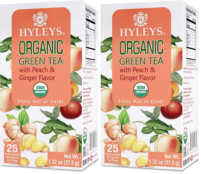 Hyleys Organic Green Tea Peach and Ginger Flavor - 25 Tea Bags (Pack of 2)