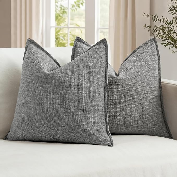 MIULEE Thick Textured Euro Sham Throw Pillow Covers 24x24 Inch Grey | Set of 2, Decorative Linen Blend Pillow Cover, Flange Edge Design, Farmhouse Modern Boho Style, Bed Couch Living Room Decor