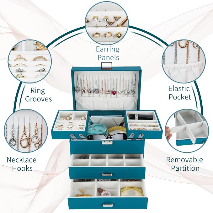 Jewelry Organizer Box, Large Jewelry Boxes for Girls, Space-Saving 4 Layers Jewelry Storage Case with Drawer, Gift for Women, PU Leather, Movable Metal Stand, Modern (Blue)