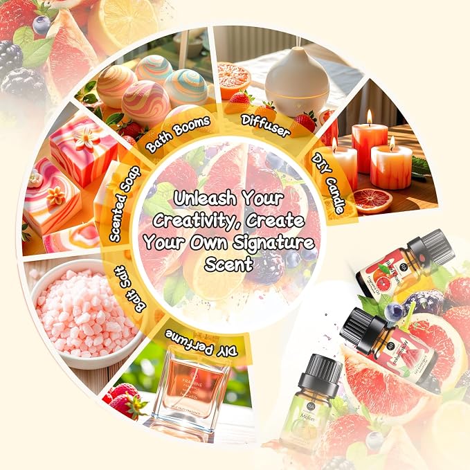 RAINBOW ABBY Fruity Fragrance Oil for Candle & Soap Making, 10 Fruit Scents in 5ML Bottles, Coconut, Strawberry, Watermelon, Mango, Pineapple, Summer Premium Aromatherapy Diffuser Oils Set