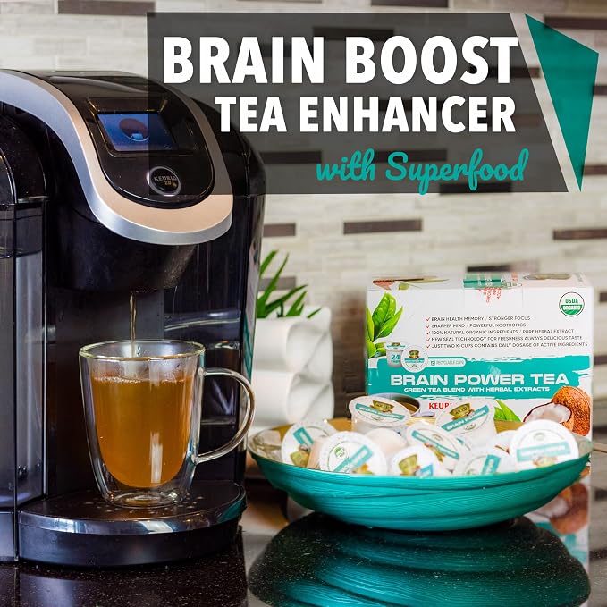 SOLLO Brain Power Organic Green Tea Pods with MCT, Acai & Essential nutrition, Nootropic Brain Booster- Improves Memory & Focus Compatible with 2.0 K-Cup Keurig Brewers, 24 Ct