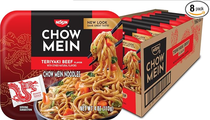 Nissin Chow Mein Noodles, Teriyaki Beef, 4 Ounce (Pack of 8) | 10g Protein