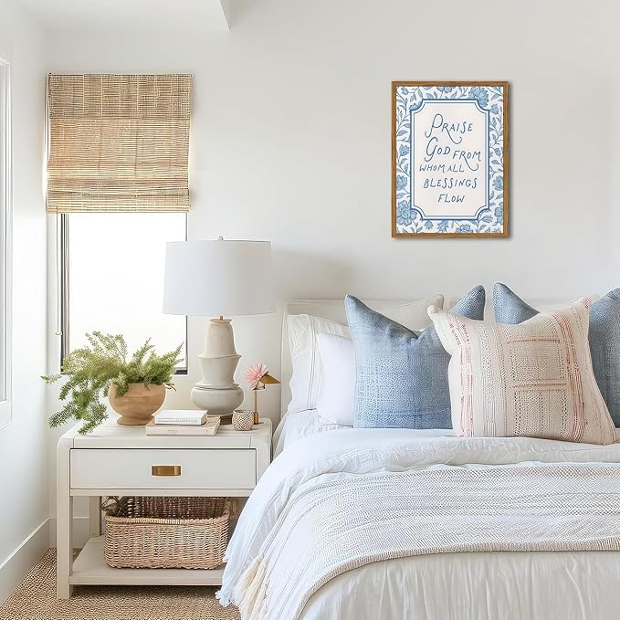Framed Christian Wall Art, Bible Verse Praise God From Whom All Blessings Flow Pictures Wall Decor, Blue Floral Scripture Paintings Canvas Prints Religious Home Decor for Prayer Living Room 16x24 inch