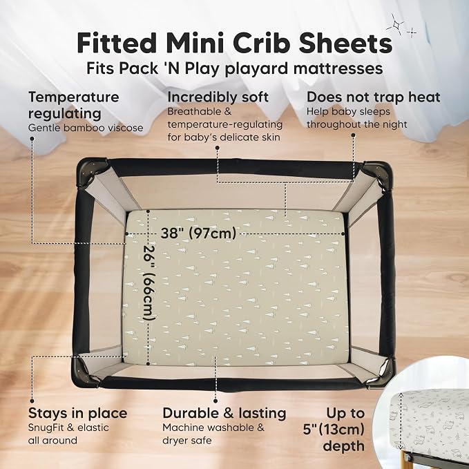 Pack and Play Sheets Fitted - 2-Pack Mini Crib Sheets for Pack N Play Mattress 38x26, Soft & Cozy, Neutral Toddler Playard Bedding, Snug Fitted Mini Baby Crib Mattress Cover Boy, Girl (Pine Grove)