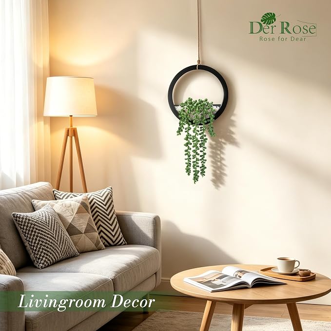 Der Rose 2 Pack 16" Artificial Hanging Plants in Black Pots for Wall Decor | Hanging succulents plants，faux string of pearls plants,great for bathroom bedroom living room boho wall decor，fresh all year