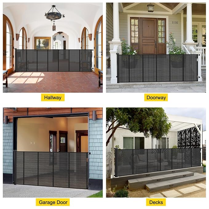 Reinforced 42” Tall x 130” Extra Wide Retractable Baby Gates Extra Tall Pet Gate for Wide Openings Long Dog gate with Rods to Prevent Crawling Through, Dog Gates for Doorways Indoor Outdoor, Black