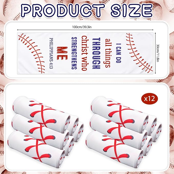 12Pcs 40" X12” Baseball Cooling Towels, Team Gift Sports Towel Reusable Breathable Chill Fast Drying Towel Neck Sweat Towel Sweat for Outdoor Camping Gym Party Favors