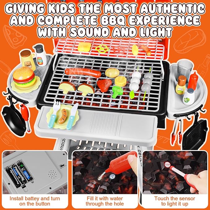 2025 Kids Kitchen Playset Toy Grill BBQ with Smoke Light Outside Pretend Play Food Toys Cooking Set 2-Layer Barbecue Gifts for Toddler Boys Girls 3-5 6 7 8