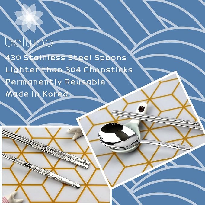 [5 Sets][Made in Korea] Sticky Korean Style Rice Spoon Chopsticks Set 430 Stainless Steel Soup Spoon Ramen Noodle Chopsticks Flatware (Crane)