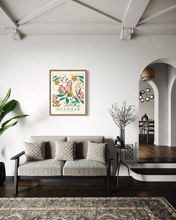 Myanmar Flower Market Art Print Poster, Wall Art Floral Painting Botanical Decor for Bedroom, Kitchen, Bathroom Livingroom Decoration 82B (Myanmar, 14"L x 11"W, Wood Frame)