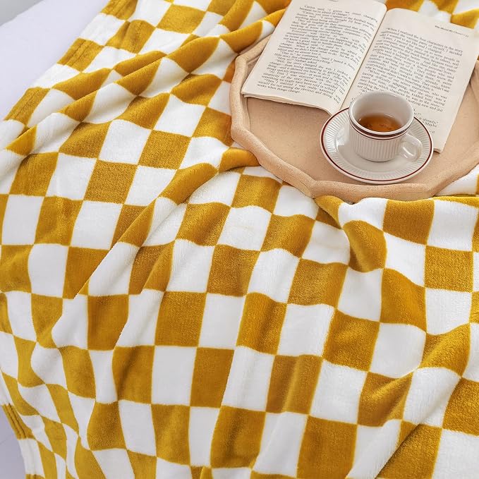 LOMAO Throw Blankets Flannel Blanket with Checkerboard Grid Pattern Soft Throw Blanket for Couch, Bed, Sofa Luxurious Warm and Cozy for All Seasons (Yellow, 50"x60")