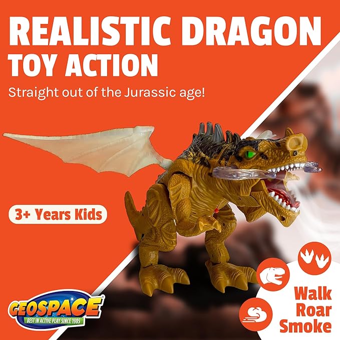 Geospace New Dragon Walking Dinosaur Toy – Smoke Breathing Fire Dragon Toy for Kids 3 & up, Walking Dinosaur Toys with Lights, Roaring Sound, Dragons Action Figure, Dragons for Gift (Bull Dragon)
