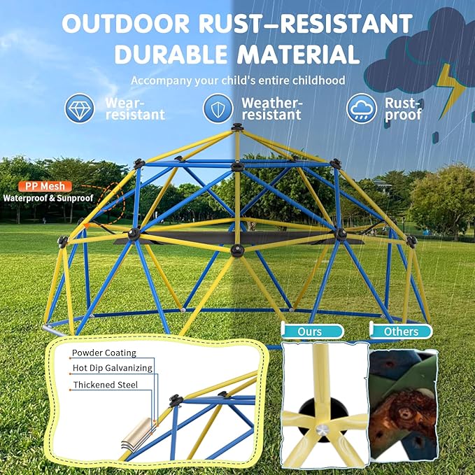 Climbing Dome,10FT Dome Climber with Hammock, Outdoor Play Equipment for 3 to 10 Children, Supports Jungle Gym up to 1,000 lbs, Rust Resistant, Easy to Assemble, Gift for Kids, Blue+Yellow
