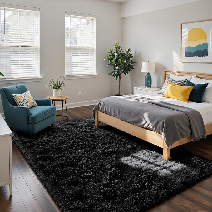 yongyangjuxin Fluffy Rug Shag Area Rug, Black 8x10 Area Rugs for Living Room, Large Shag Area Rugs for Bedroom Room Home Decor, Upgrade Anti-Skid Rectangular Fuzzy Rugs