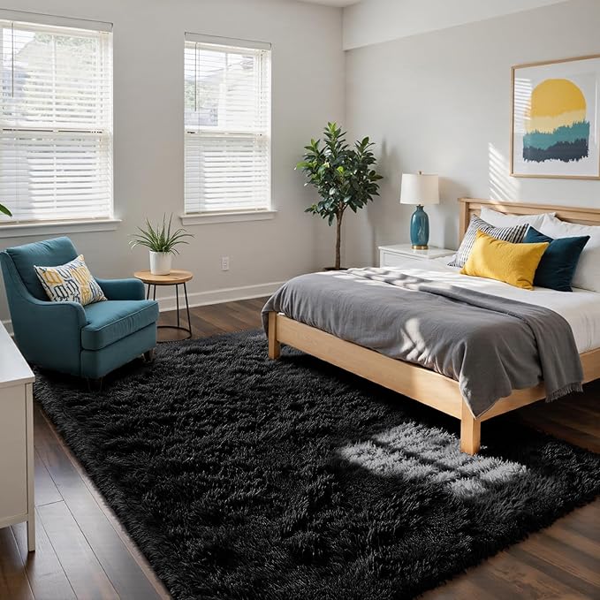 Fluffy Rug Shag Area Rug, Black 5x8 Area Rugs for Bedroom, Small Bedside Rug, Soft Fluffy Shag Entryway Throw Rugs for Living Room Bedroom Room Home Decor