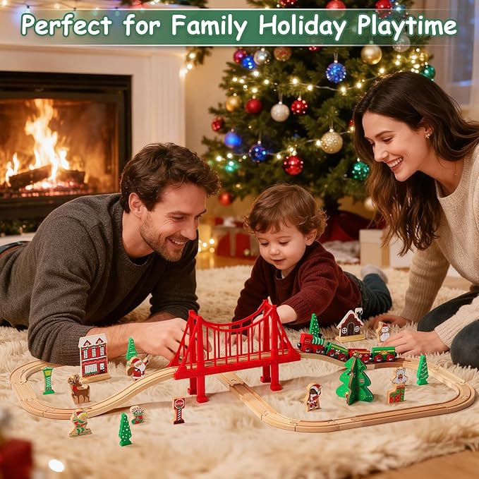 SainSmart Jr. Wooden Train Set 50 Pcs Train Set - Toy Train with Exquisite Box, Wood Train Track Set Fit for Major Brands, Ideal Railway Playset for Boys and Girls