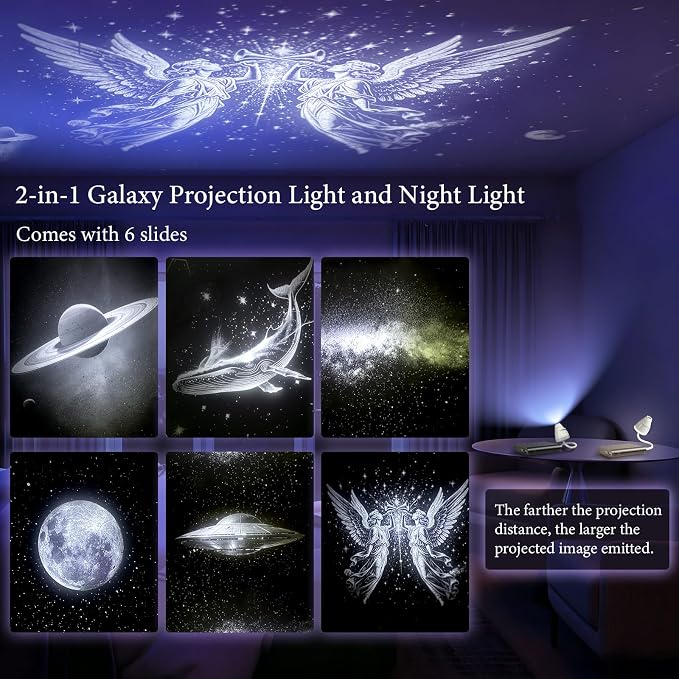 2-in-1 Galaxy Projector Night Light, USB Star Projector for Bedroom | 360° Adjustable Brightness Portable Galaxy Light Mini LED Wall Projection Lamp for Roof of Car & Tent Home Decor Gift,6 Films