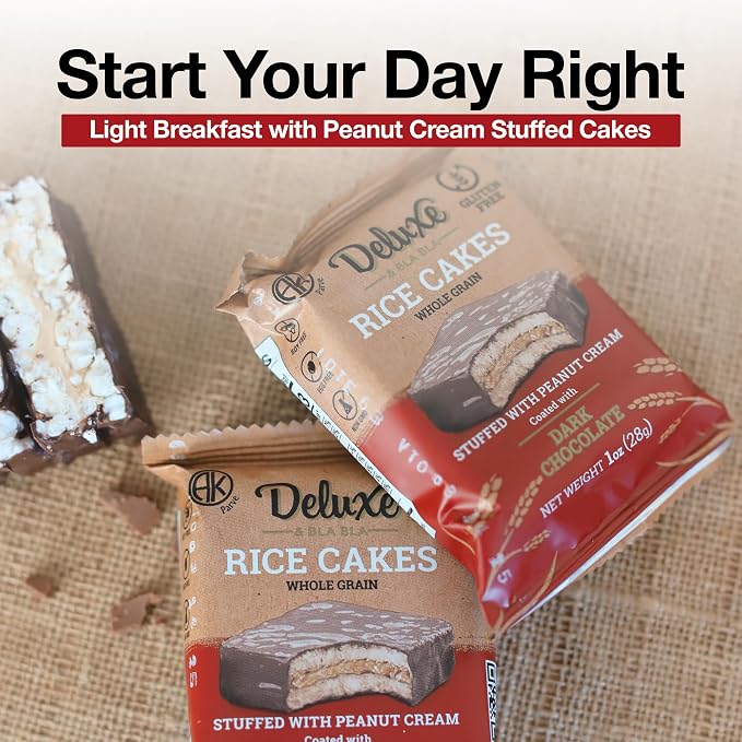Deluxe & Bla Bla Stuffed Rice Cakes - Whole Grain Chocolate Rice Cake,Gluten Free,Low Calorie,(Alfajor) Kosher Certified - Peanut Filled Rice Cakes coated with Dark Chocolate, 28g Each (12 Pack)