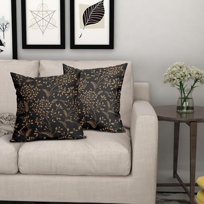 Boho Pillow Covers 20X20 Inch Set of 2 Black Gold Floral Leaves Decorative Pillow Cases Vintage Flower Leaf Cotton Linen Cushion Case Farmhouse Home Decor for Sofa Couch Porch Outdoor