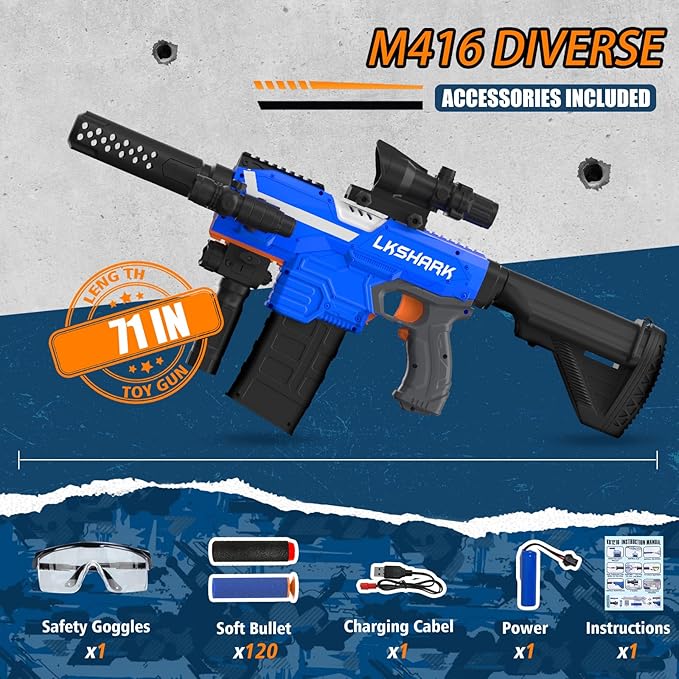 Automatic Toy Foam Blaster with Scope, Electric Toy Dart Blaster with 120 Foam Darts for Nerf, IR, Flashlight, Goggles, Air Pocket Technology Outdoor Shooting Game Kids Toys for 8-12-Blue