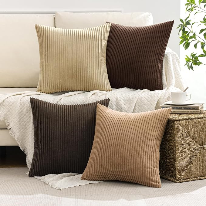 MIULEE Fall Corduroy Decorative Throw Pillow Covers Dark Brown 18x18 | Set of 4, Mordern Rustic Fall Decor, Rich Deep Brown Palette, Boho Farmhouse Cushion Covers for Couch Bed Sofa Living Room