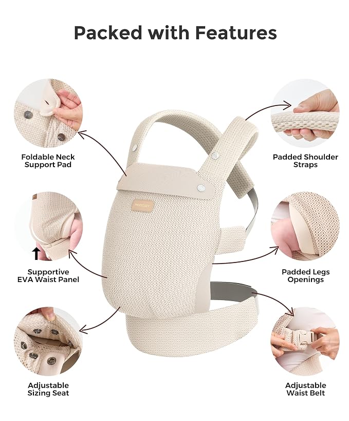 Momcozy Baby Carrier - Ergonomic, Cozy and Lightweight Carrier for 7-45lbs, Effortless to Put On, Ideal for Hands-Free Parenting, Enhanced Lumbar Support, Air Mesh-Almond