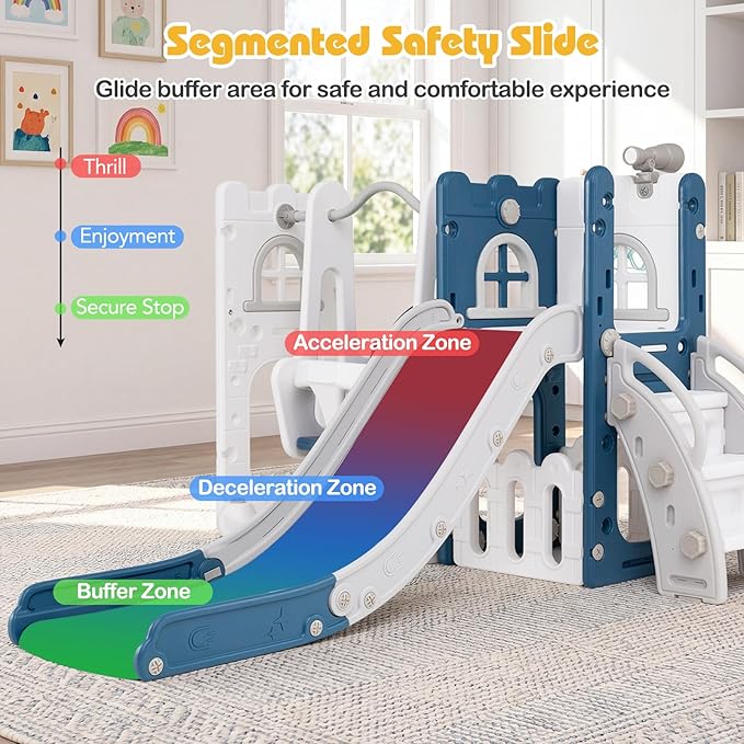 Costzon 7 in 1 Toddle Swing and Slide Set, Freestanding Toddler Slide Playset w/Swing, Basketball Hoop, Kids Slide for Toddler Age 1-3 Playground w/Storage Space, Gifts for Boys Girls (Blue House)