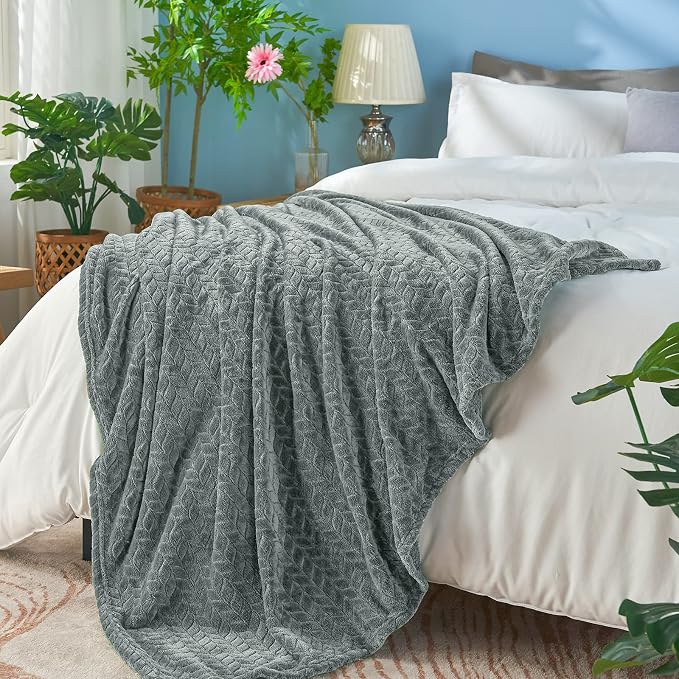 inhand Grey Fleece Queen Blanket for Bed, Super Soft Flannel Cozy Blankets for Adults, Lightweight Leaves Pattern Fuzzy Blanket for Office,Travel, Warm Plush Blankets for All Season, 90x90 Inches