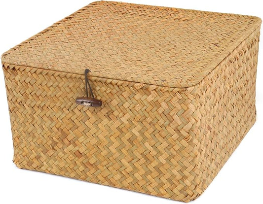 Moosky Wicker Shelf Baskets with Lid, Handwoven Seagrass Storage Basket Bins Square Gift Boxes for Shelves Home Decor Organizer (Natural, Medium)