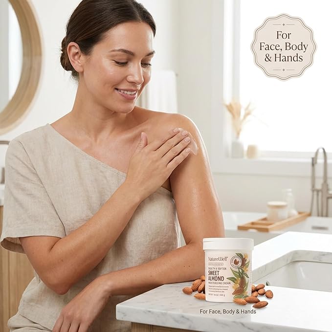 NATURE WELL Sweet Almond Smooth & Soften Gentle Moisturizing Cream For Face, Body, & Hands, Infused With Natural Oils & Extracts, Restores Skin Moisture Barrier, 16 Oz