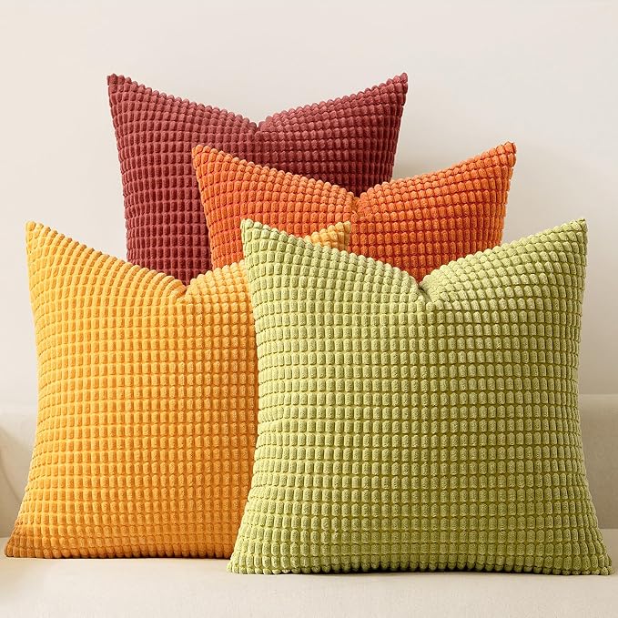 MIULEE Fall Decorative Pillow Covers 18x18 Inch Set of 4 Yellow Orange | Burnt Orange Green Gradient Boho Farmhouse Home Decor, Modern Corduroy Couch Pillows, Pillowcases for Sofa Living Room Bed