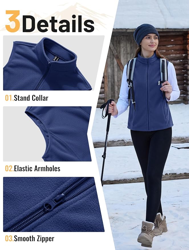 TACVASEN Women's Fleece Vest Lightweight Sleeveless Zip Jacket Outerwear | Soft Polar,Zipper Pockets,Stand Collar,Fall Winter Warm,Outdoor,Athletic,Running,Hiking,Travelling,Golf,Work