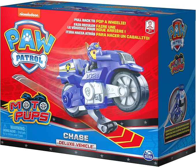 Paw Patrol, Moto Pups Chase’s Deluxe Pull Back Motorcycle Vehicle with Wheelie Feature and Toy Figure