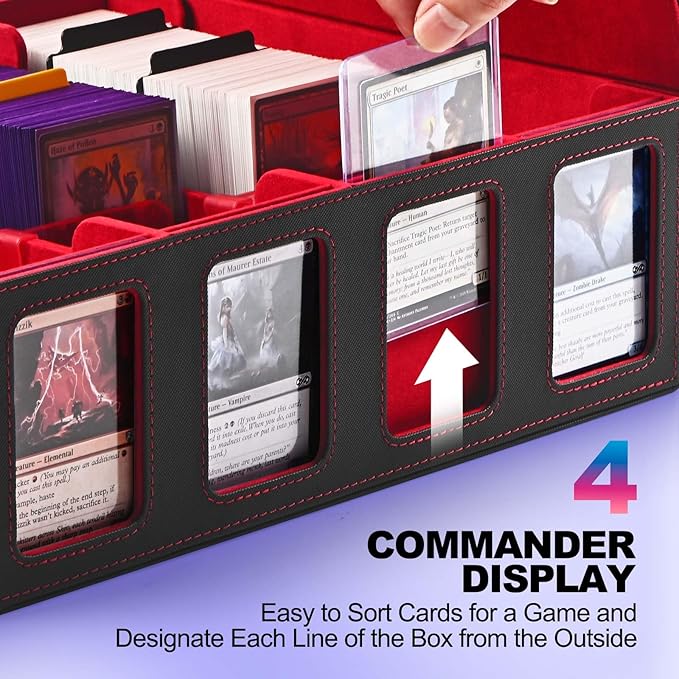 UAONO Trading Card Storage Box with Commander Display; 2400+ Deck Box for MTG with Removable Cover; Top Loaders Card Case fits Magic TCG PTCG Sports Cards; 24 Dividers, 4 Stoppers (Black, Red)