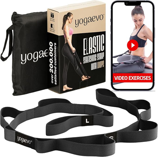 YogaEVO Stretching Strap with Loops for Physical Therapy — Yoga Strap & Resistance Band in One — Flexibility & Back Recovery — HD Video Routines Included