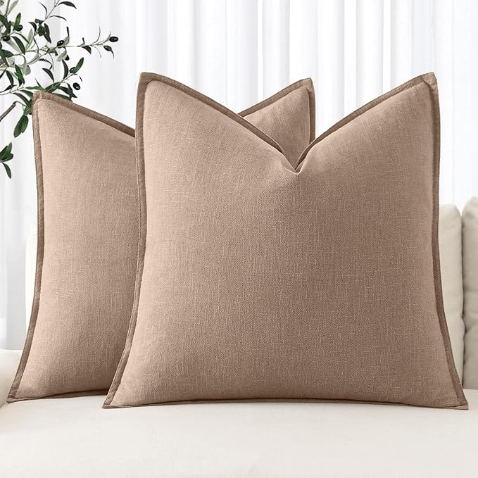 MIULEE Decorative Linen Pillow Covers 18x18 Inch Camel | Boho Farmhouse Neutral Couch Throw Pillows for Bed, Pack of 2 Accent Modern Pillowcases, Sofa Livingroom Home Decor