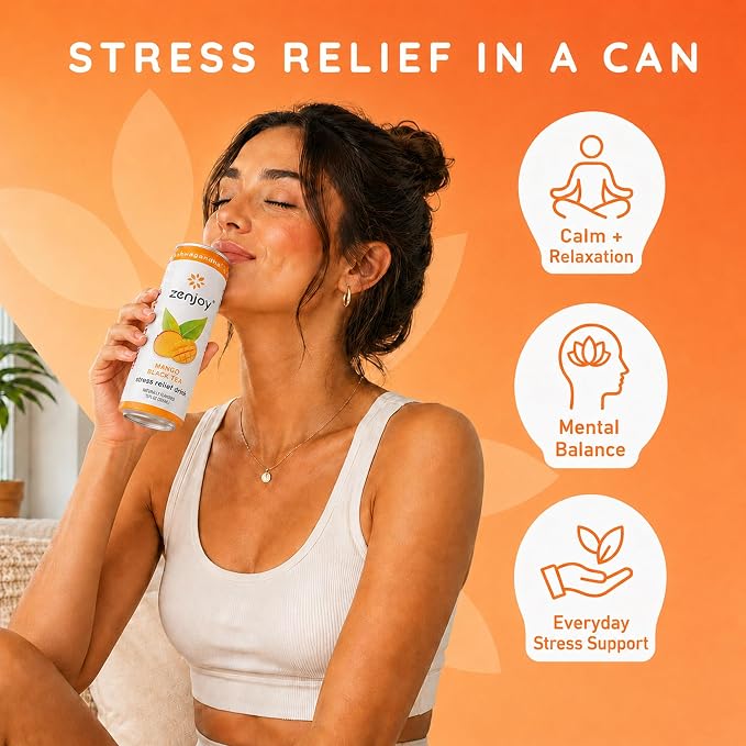 Zenjoy Adaptogen Drink Stress Relief Tea | Non Alcoholic Calming Drink w/Ashwagandha, Lemon Balm & L-Theanine for Focus | Stress Tea Calming Social Mocktail with Adaptogens (12 Pack, Mango)