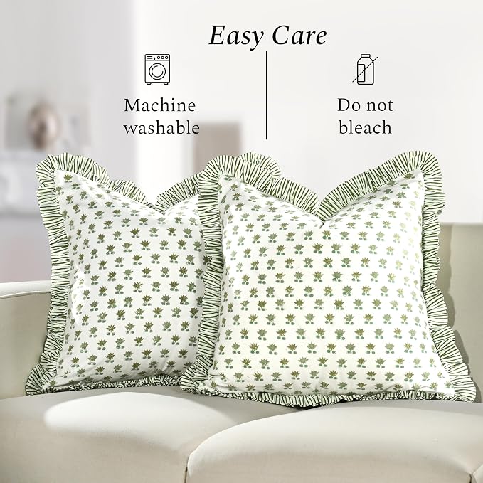 CPC Lotus Meadow Hand Block Print 100% Cotton Ruffle Throw Pillow Cover 18x18 inch with Hidden Zipper Decorative for Couch, Bed, Sofa, Farmhouse, Cottagecore Decor Gift Christmas Fall Thanksgiving