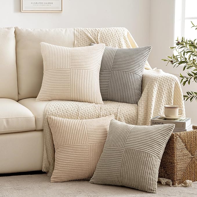 MIULEE Neutral Decorative Throw Pillow Covers 16x16 Inch Set of 4 for Livingroom Couch Sofa Modern Farmhouse Soft Corduroy Cushion Cases Striped Patchwork Home Decor (Cream,Grey)