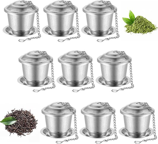 Zopeal 9 Pcs Tea Infuser Stainless Steel Strainer with Extended Chain Hook and Saucer Loose Leaf Steeper Fine Mesh Ball Tea Filter for Brew Spices Seasonings Fits Cup Mug Bottle (Medium)