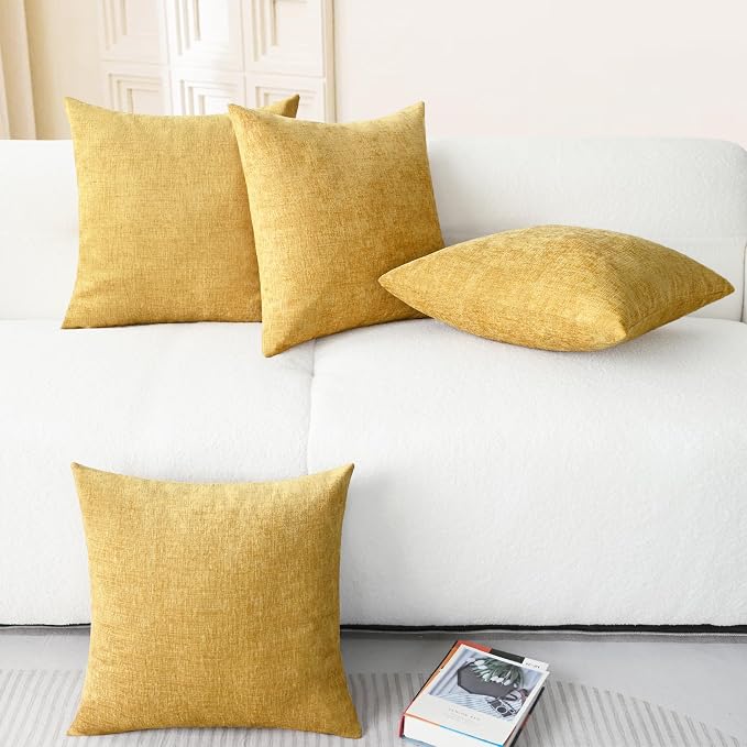 CaliTime Decorative Couch Throw Pillow Covers 18 X 18 Inches Gold | Pack of 4, Cozy Chenille Cushion Cases for Sofa Bed Living Room Farmhouse Home