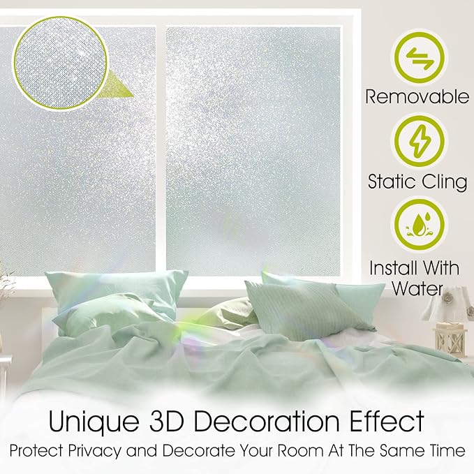 KESPEN Frosted Window Privacy Film Heat Control UV Sun Blocking Glass Stickers Static Cling Non Adhesive Door Coverings Decals for Bathroom Home Office, Sparkling, 35.4 Inch X 6.5 Feet