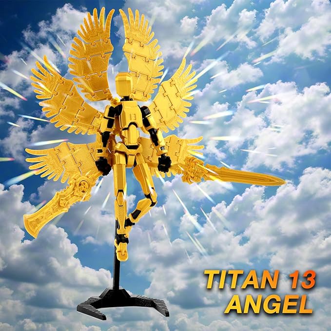 T13 Action Figure Already Assembled, Devil Wings Titan 13 Action Figure 3D Printed T13 Action Figures Set, T 13 Dummy Robo 13, Lucky 13, Dummy Gift for Collectors Desktop Decorations (Golden Angel)