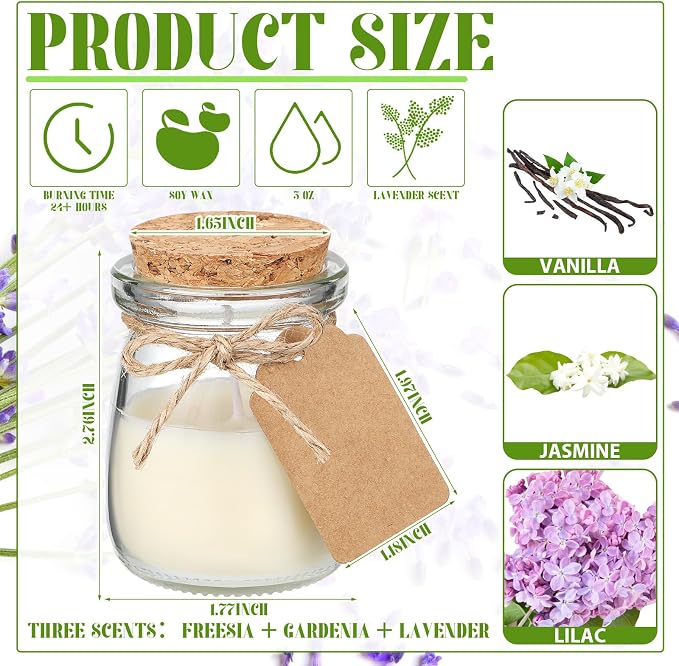 MTLEE 24 Pcs Wedding Jar Candles for Guests Wedding Candle Gift Natural Wax Candles with DIY Tag Cards for Bridesmaid Baby Shower Party Favors Home Supply Decor, Scents of Vanilla/Lilac/Jasmine