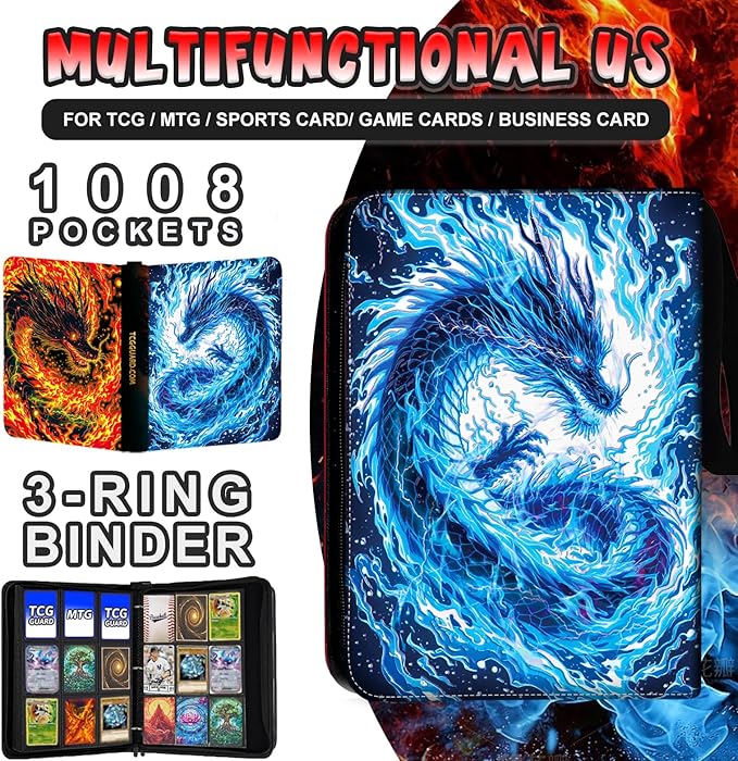 1008 Card Binder 9 Pocket Trading Card Binder with 56 Page 3-Ring Removable Sleeves, High Storage Waterproof Card Holder Collection Card Album Carrying Organizer Case for MTG TCG Cards - Double Dragon