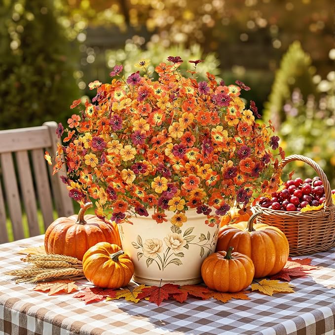 Alupssuc 24 Bundles Artificial Fall Flowers, UV Resistant Faux Mums Porch | Silk & Plastic, 13 Inch Tall, for Indoor Outdoor Planters Yard Patio Window Box, Autumn Outside Realistic Fake Decoration
